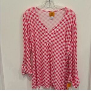 Ruby Rd. NEW Gingham Tunic Pink White 3/4 Sleeve Roll Up Womens XL Preppy Summer